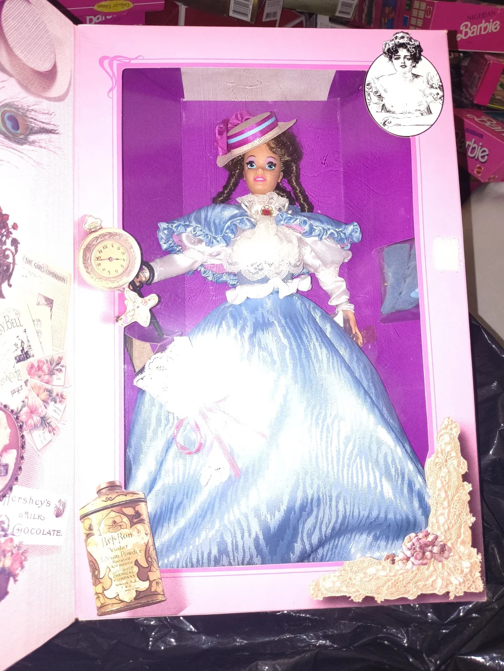 Mattel Blue Gibson Girl Barbie Style Doll in Pink Display Box